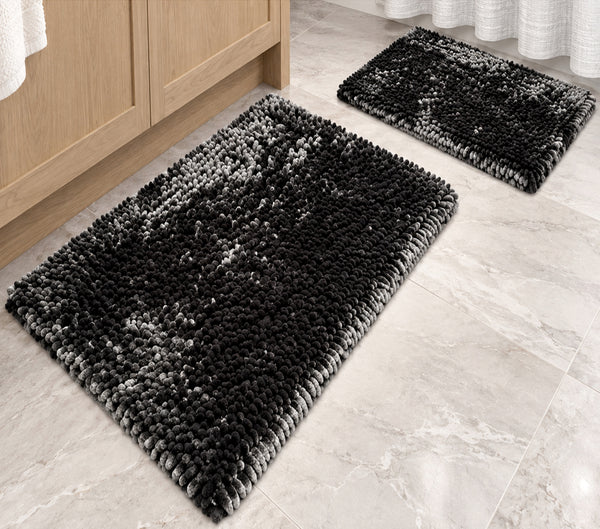 Dark Grey Plush Thick Chenille Bath Mat with Floral Shower Curtain & Hooks - 15 Piece Set