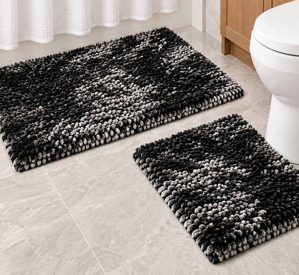 Dark Grey Plush Thick Chenille Bath Mat with Floral Shower Curtain & Hooks - 15 Piece Set