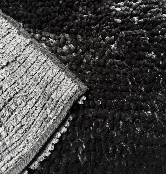 Dark Grey Plush Thick Chenille Bath Mat with Floral Shower Curtain & Hooks - 15 Piece Set