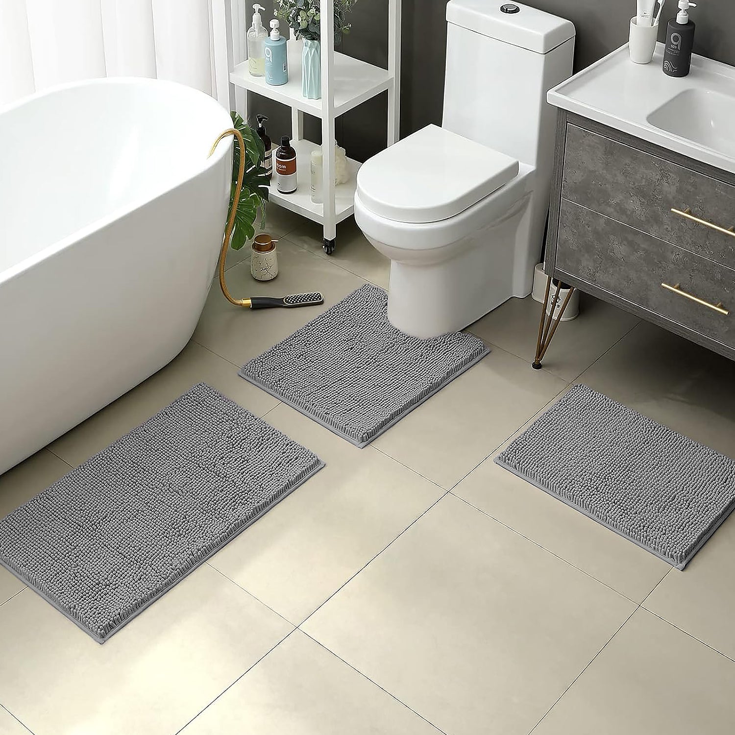 3 Piece Set Dark Grey Soft Cozy Plush Chenille Bath Mat Highly Absorbent Bathroom Rug