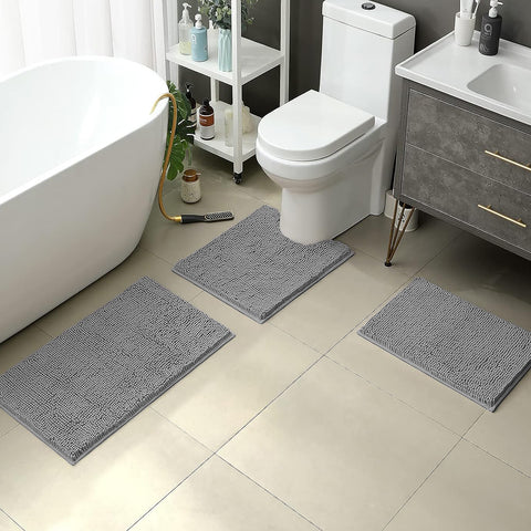 3 Piece Set Dark Grey Soft Cozy Plush Chenille Bath Mat Highly Absorbent Bathroom Rug