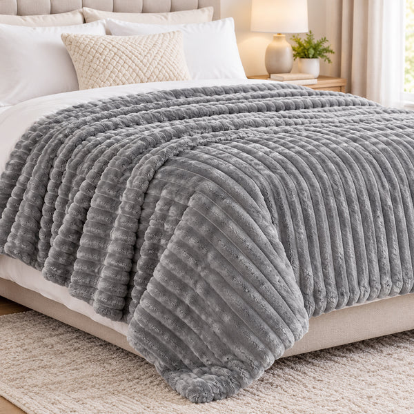 King Size Dark Grey Ultra Soft Cozy Textured Fluffy Plush Ribbed Faux Fur Bed Blanket