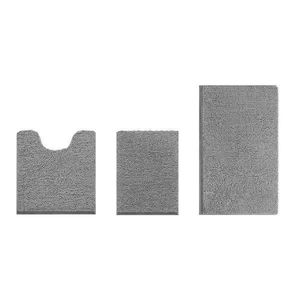 3 Piece Set Dark Grey Soft Cozy Plush Chenille Bath Mat Highly Absorbent Bathroom Rug