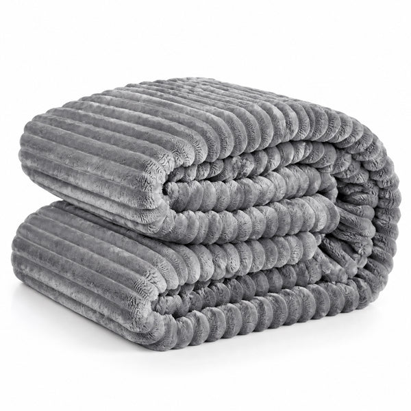 King Size Dark Grey Ultra Soft Cozy Textured Fluffy Plush Ribbed Faux Fur Bed Blanket