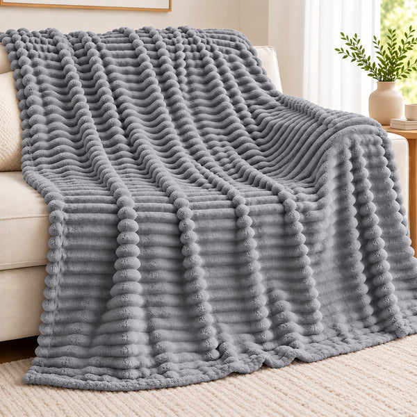 King Size Dark Grey Ultra Soft Cozy Textured Fluffy Plush Ribbed Faux Fur Bed Blanket