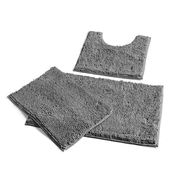 3 Piece Set Dark Grey Soft Cozy Plush Chenille Bath Mat Highly Absorbent Bathroom Rug