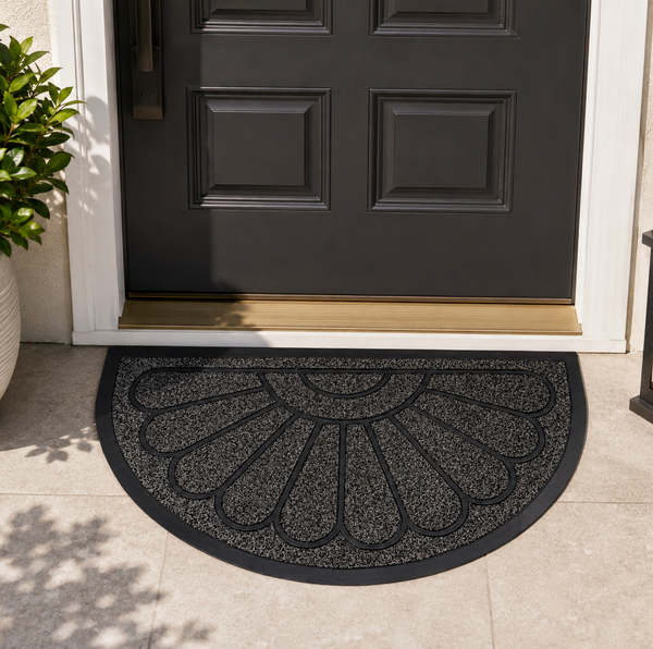 Black Grey Sunburst Semi-Circle All-Season Sturdy Absorbent Non-Slip Rubber Backing Multipurpose Door Mat