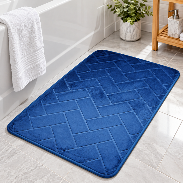 Set of 2 Blue Geometric Memory Foam Soft Comfortable Ultra Absorbent Non-Slip Bath Mat