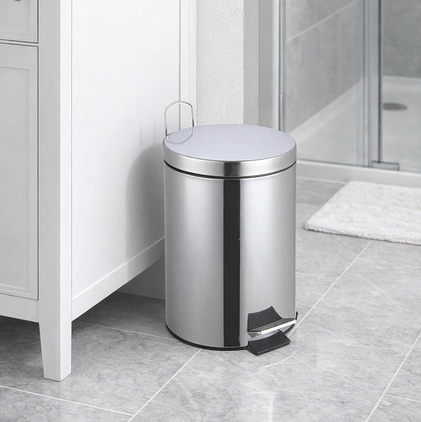 10.5" Tall Chrome Stainless Steel Step Garbage Can with Removable Inner Bucket, Soft-Close Metal Waste Basket with Foot Pedal
