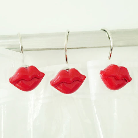 12 Piece Set - Red Lips Shower Curtain Hooks Rings Rustproof