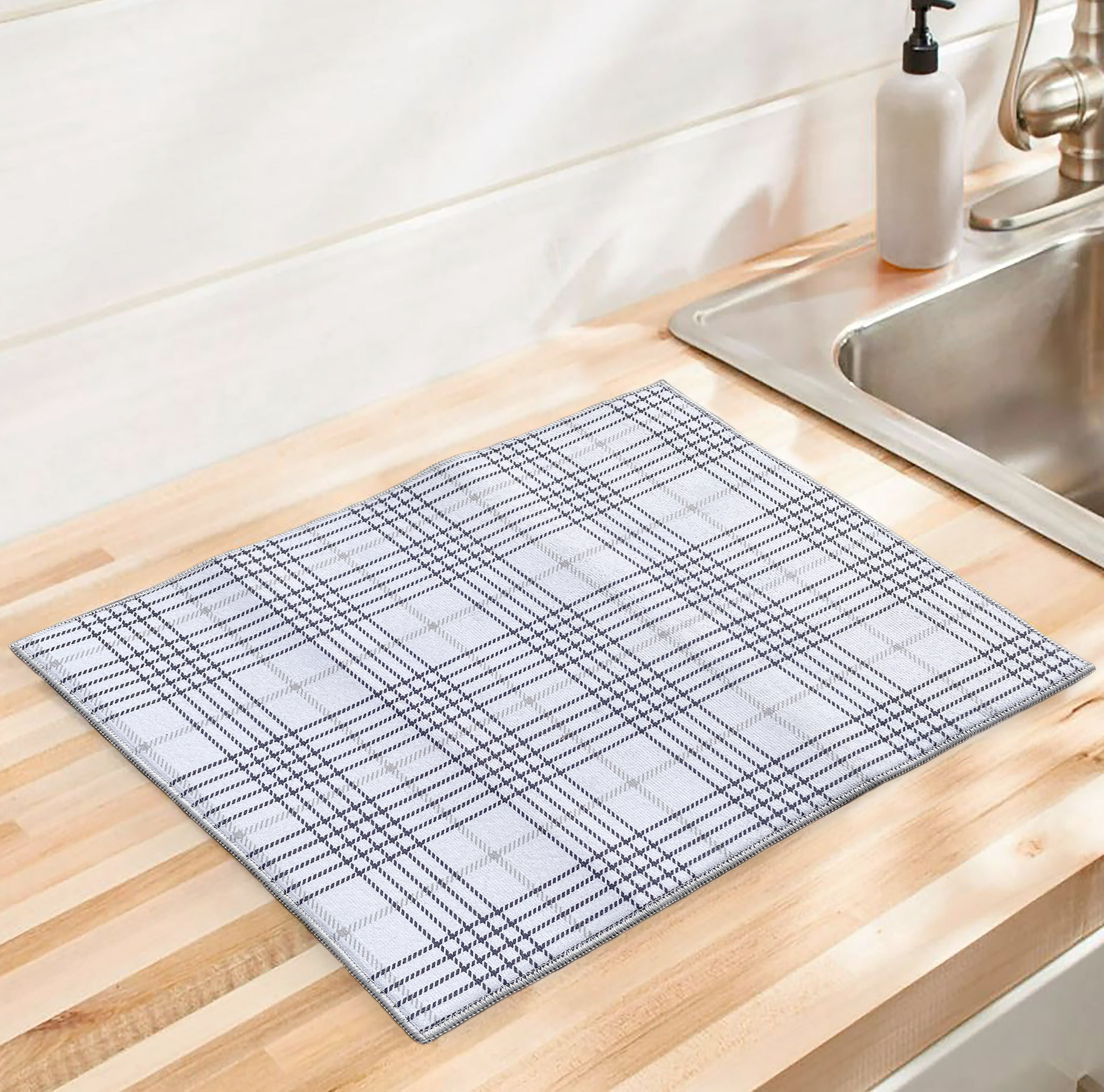 (Pack of 6) Reversible White Grey Plaid Large Soft Highly Absorbent Washable Dish Drying Mat - 20"x15"