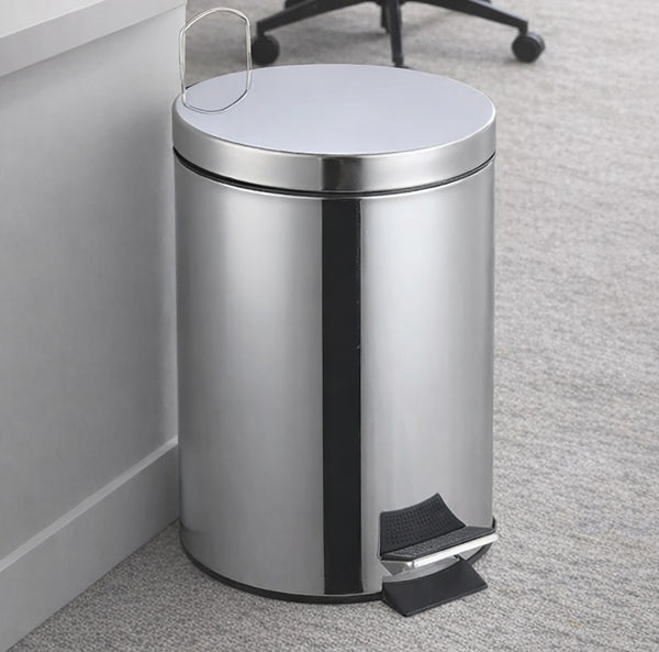 10.5" Tall Chrome Stainless Steel Step Garbage Can with Removable Inner Bucket, Soft-Close Metal Waste Basket with Foot Pedal
