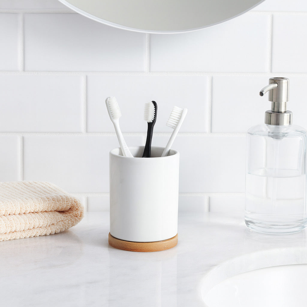 White Beige Bamboo Diatomite Toothbrush Holder - 2 Pack
