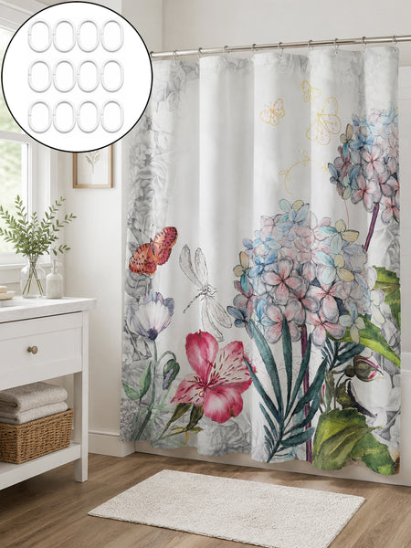 71" x 71" Floral Fabric Shower Curtain with 12 Plastic Shower Rings – Butterfly & Flower Botanical Design, Decorative Bathroom Curtain