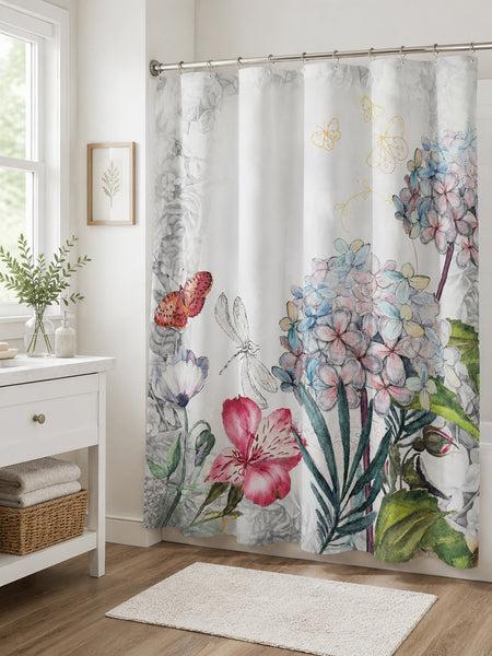 71" x 71" Floral Fabric Shower Curtain with 12 Plastic Shower Rings – Butterfly & Flower Botanical Design, Decorative Bathroom Curtain