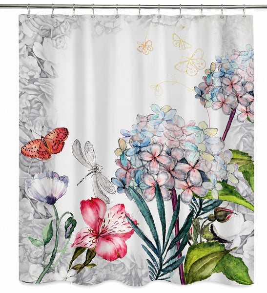 71" x 71" Floral Fabric Shower Curtain with 12 Plastic Shower Rings – Butterfly & Flower Botanical Design, Decorative Bathroom Curtain