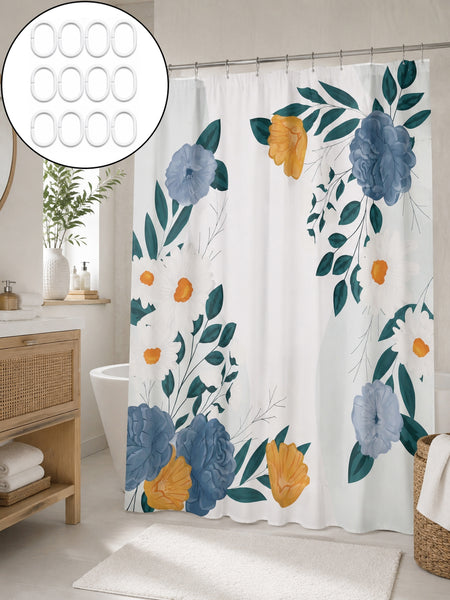 Floral Fabric Shower Curtain with 12 Plastic Rings, Blue & Yellow Botanical Design, 71" x 71"
