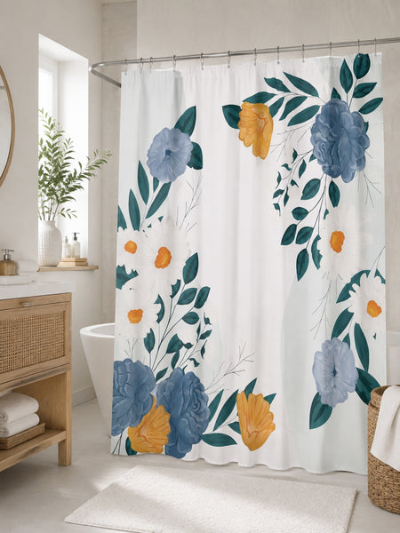 Floral Fabric Shower Curtain with 12 Plastic Rings, Blue & Yellow Botanical Design, 71" x 71"