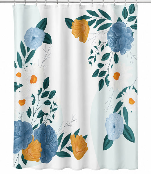 Floral Fabric Shower Curtain with 12 Plastic Rings, Blue & Yellow Botanical Design, 71" x 71"