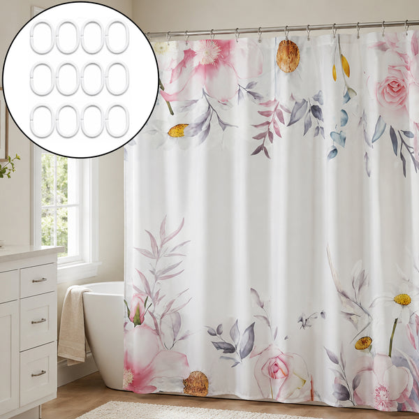 Floral Fabric Shower Curtain 71" x 71" with 12 Plastic Shower Curtain Rings – Pink & White Botanical Print Bathroom Curtain