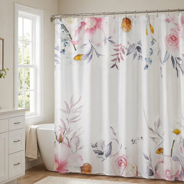 Floral Fabric Shower Curtain 71" x 71" with 12 Plastic Shower Curtain Rings – Pink & White Botanical Print Bathroom Curtain
