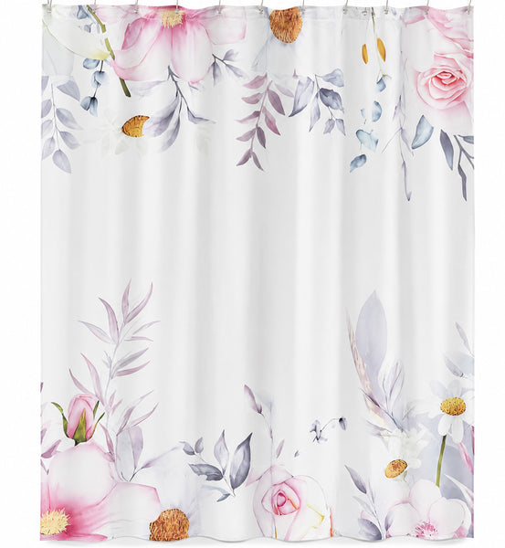 Floral Fabric Shower Curtain 71" x 71" with 12 Plastic Shower Curtain Rings – Pink & White Botanical Print Bathroom Curtain