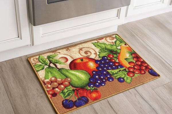 Beige Fruits Washable Kitchen Mat With Non-Slip Backing - 24"x17"