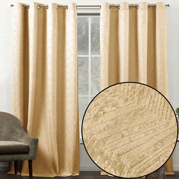 108" Long - 2 Piece Gold Solid Silky Geometric Embossed Blackout Grommet Window Curtain Panel Set