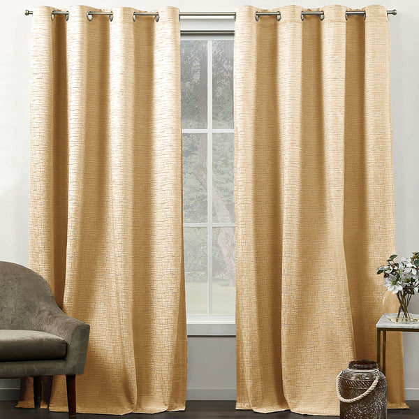 108" Long - 2 Piece Gold Solid Silky Geometric Embossed Blackout Grommet Window Curtain Panel Set
