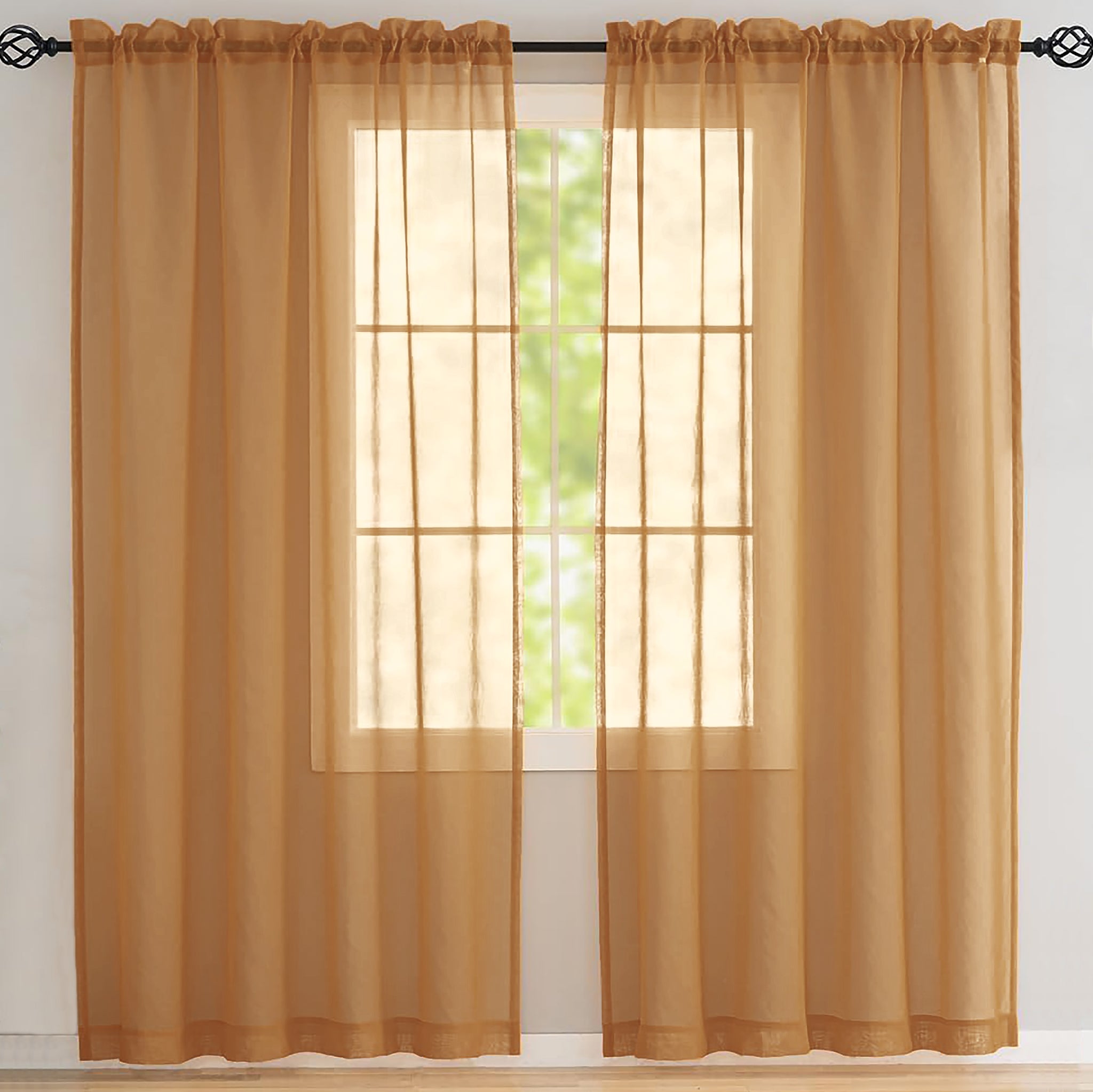 84" Inches Long - Gold Sheer Window Rod Pocket Curtain Set (2 Panels)