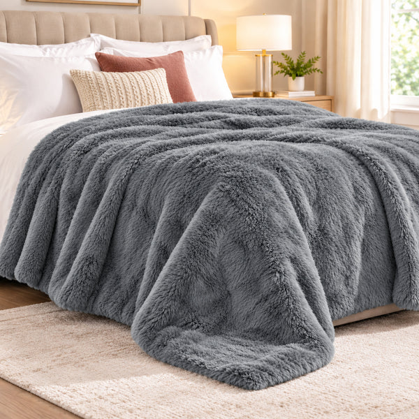 King Size Grey Ultra Soft Plush Fluffy Luxury Cozy Warm Fuzzy Faux Rabbit Fur Bed Blanket