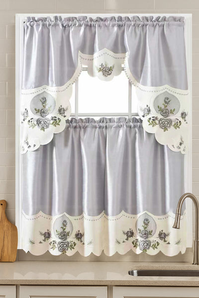 Grey Ivory Floral Embroidery Kitchen Curtain 3PC Set Swag & Tiers Set