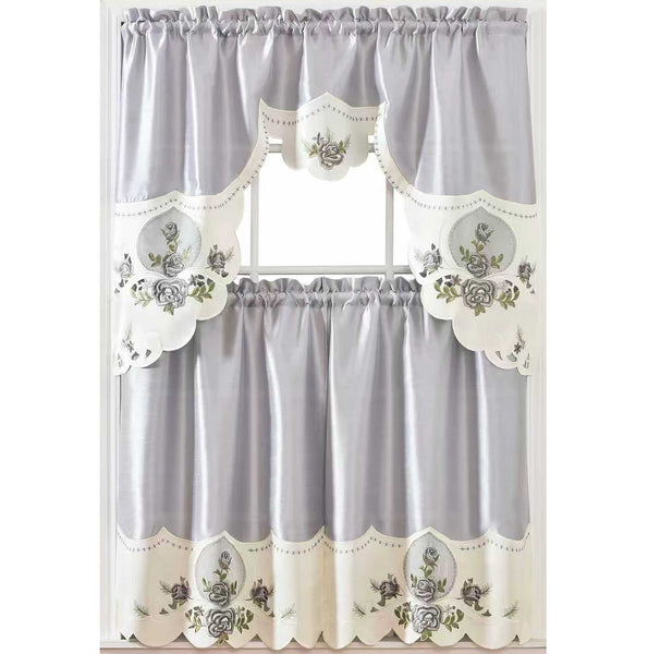 Grey Ivory Floral Embroidery Kitchen Curtain 3PC Set Swag & Tiers Set
