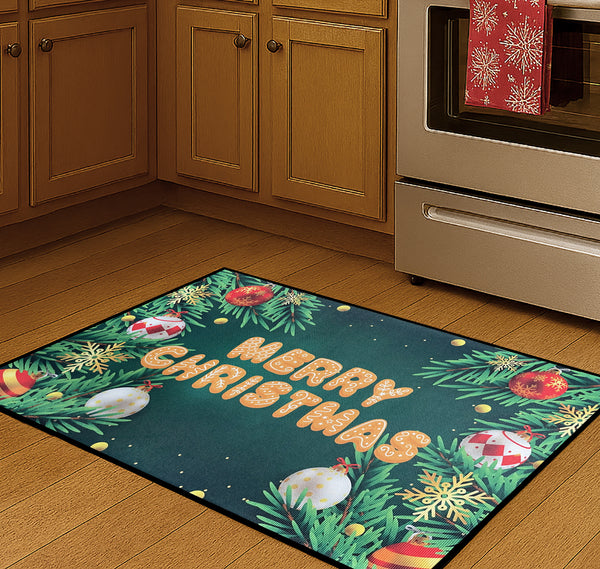 31" x 19" - Merry Christmas Holiday Green Non-Slip Washable Low Pile Kitchen Mat Entrance Door Mat