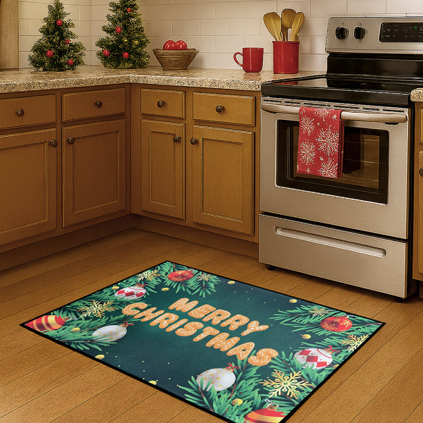31" x 19" - Merry Christmas Holiday Green Non-Slip Washable Low Pile Kitchen Mat Entrance Door Mat