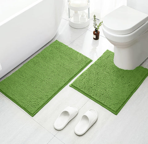 2 Piece Set Green Soft Cozy Plush Chenille Bath Mat Bathroom Rug