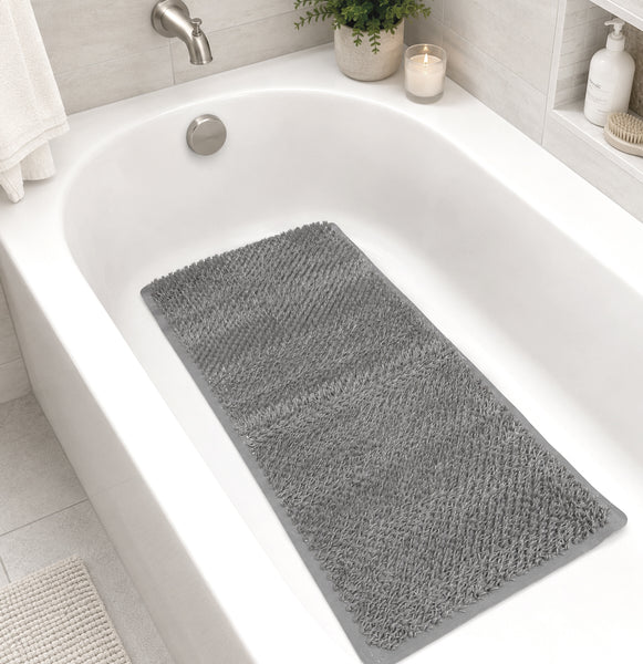 Grey Non-Slip Shower Tub Mat PVC Bathtub Safety Mat with Suction Cups & Soft Massage Loofah Surface  - 35"x16"