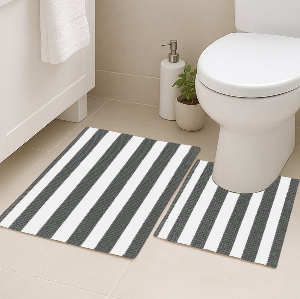 2 Piece Set Charcoal Grey White Stripe Soft Cozy Plush Chenille Bath Mat Bathroom Rug