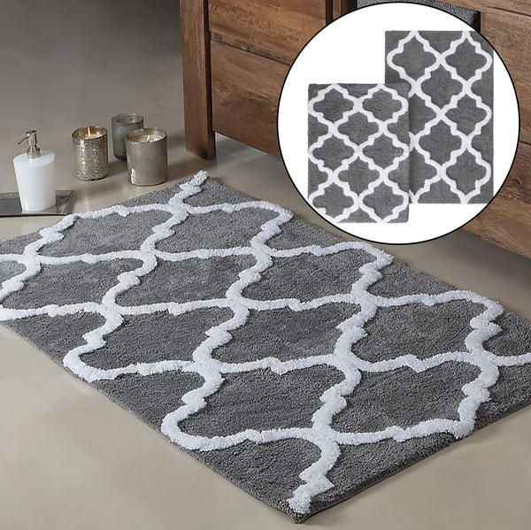 Grey 2 Piece Trellis Plush Soft Cozy 100% Cotton Bath Mat Set