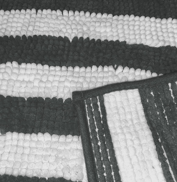 2 Piece Set Charcoal Grey White Stripe Soft Cozy Plush Chenille Bath Mat Bathroom Rug