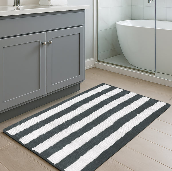 30"x20" - Charcoal Grey White Stripe Soft Cozy Plush Chenille Bath Mat Bathroom Rug