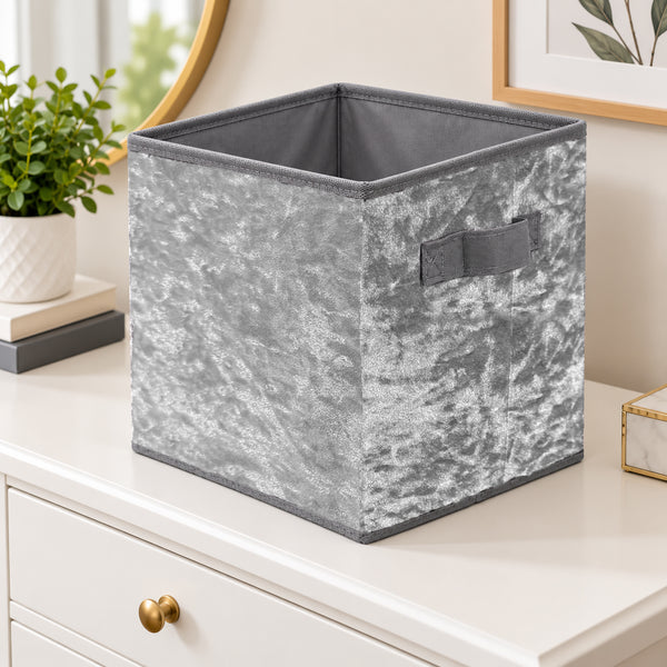 6 Pack Set Grey Velvet Collapsible Foldable Soft Plush Fabric Organizer Basket Storage Cube Bin Container - 10" Tall