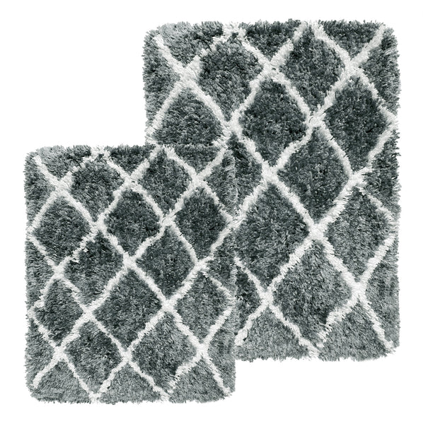 Grey 2 Piece Trellis Plush Thick Soft Cozy Microfiber Bath Mat Set