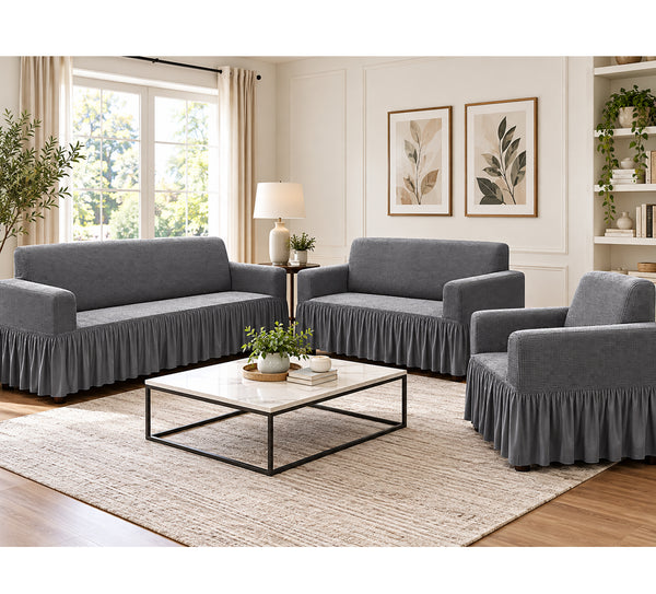 Grey 3-Piece Set 4-Way Stretch Ruffled Skirt Slipcover Sofa Loveseat & Armchair Cover Protector