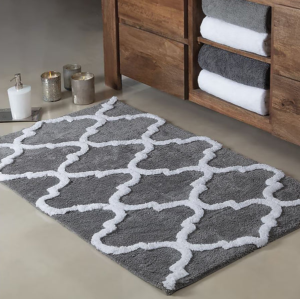 Grey 2 Piece Trellis Plush Soft Cozy 100% Cotton Bath Mat Set