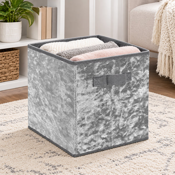 6 Pack Set Grey Velvet Collapsible Foldable Soft Plush Fabric Organizer Basket Storage Cube Bin Container - 10" Tall