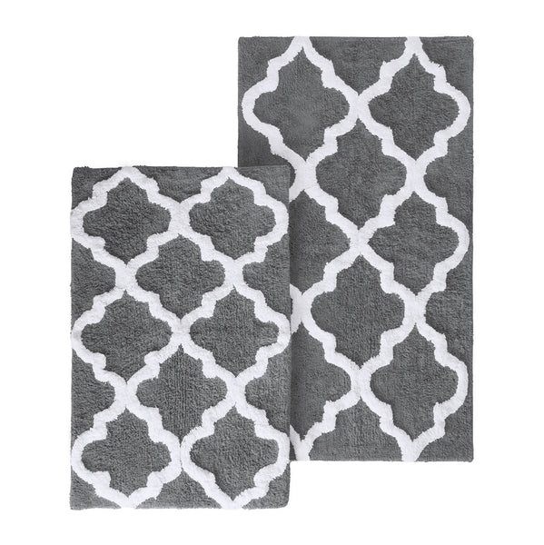 Grey 2 Piece Trellis Plush Soft Cozy 100% Cotton Bath Mat Set