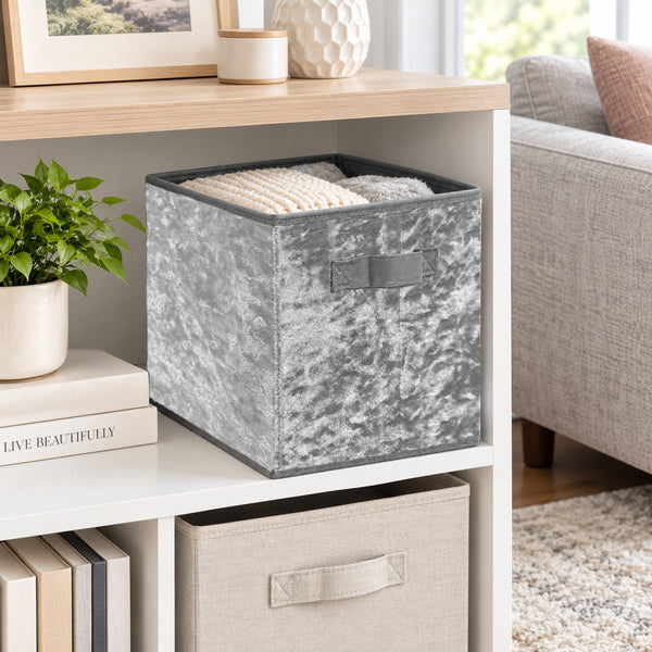 6 Pack Set Grey Velvet Collapsible Foldable Soft Plush Fabric Organizer Basket Storage Cube Bin Container - 10" Tall