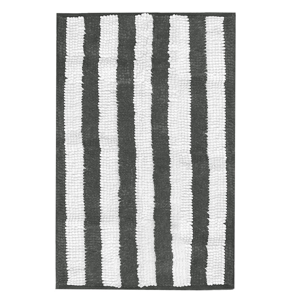 Large 2 Piece Set Charcoal Grey White Stripe Soft Cozy Plush Chenille Bath Mat Bathroom Rug