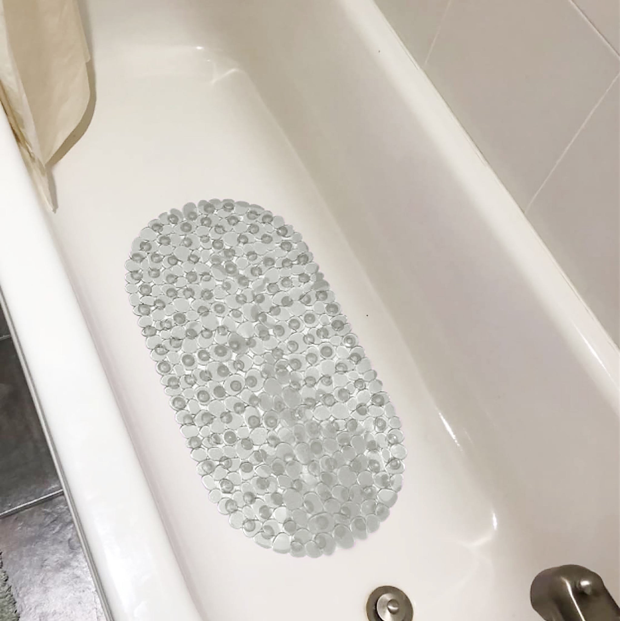 Grey Stone Pebbles Vinyl Non-Slip Bathtub Shower Mat With Suction Cups -26" x14"